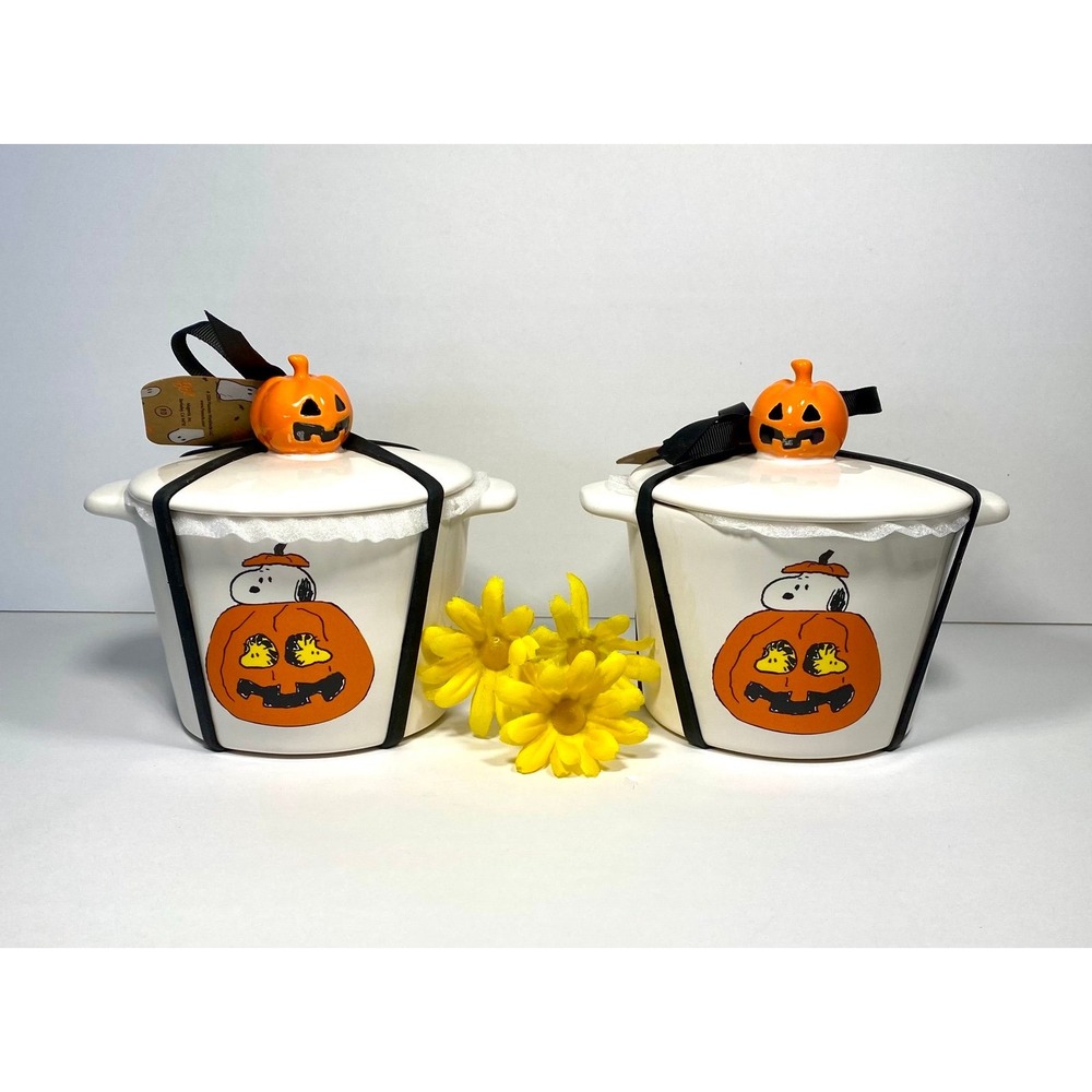 Rae Dunn Snoopy Welcome Great Pumpkin 2 Round Baking Dishes w Lids Woodstock NEW